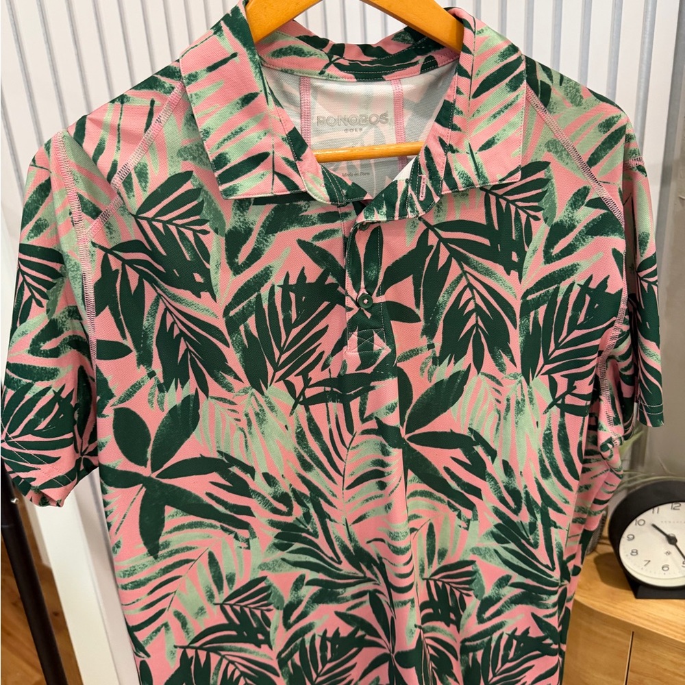 Bonobos Pink Polo with Dark Green Tropical Leaf Print